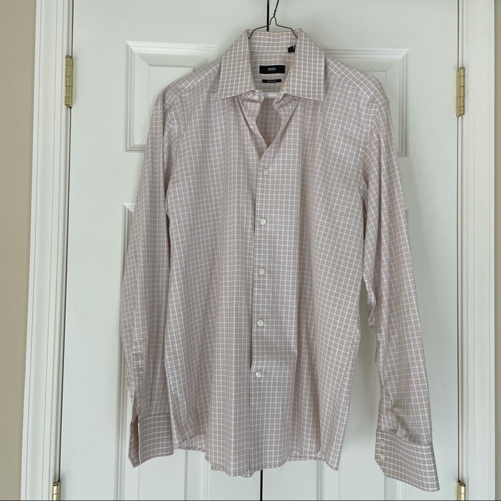 Hugo Boss Beige Plaid Button Down